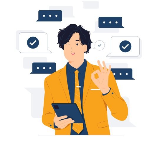 Approved gesture, Ok sign with Smiling Businessman wearing suit standing while holding mobile phone and showing thumbs up concept illustration